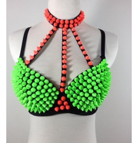 Neon green yellow European American style fluorescent women's ladies female  rivet candy colored  halter neck bras punk rock hip hop bar jazz singer performance  dancing underwear bras underwear tops 